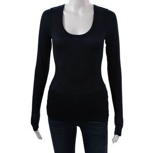 Malika Women Basic Cashmere Round Neck Long Sleeve Top Dark Blue Size XS